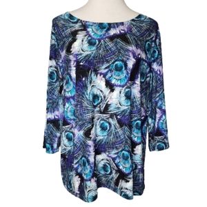 JM Collection peacock print three-quarter sleeve top women's size 1X